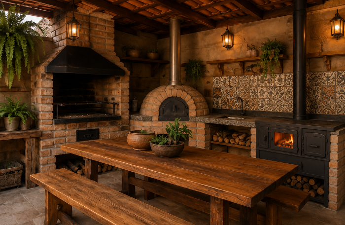 Cantinho rústico com fogão a lenha, forno de pizza e churrasqueira ChatGPT