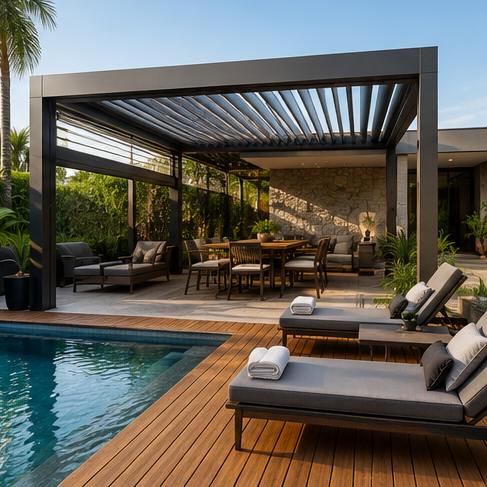 Deck de madeira com piscina e pergolado bioclimático ChatGPT