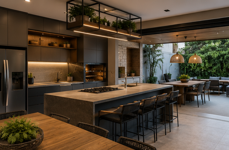 Espaço gourmet integrado com ilha central ChatGPT