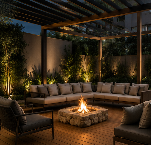 Lounge externo minimalista com fogo de chão e pergolado ChatGPT