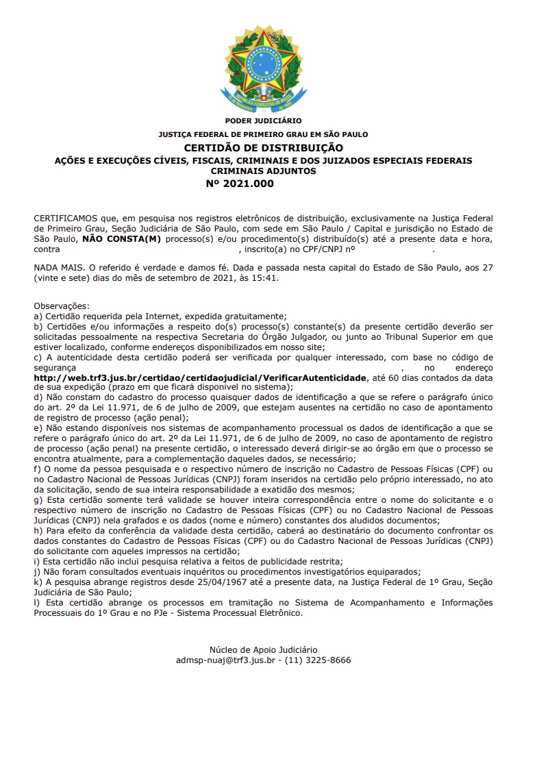 Certidão de Distribuição da Justiça Federal - Pessoa Jurídica