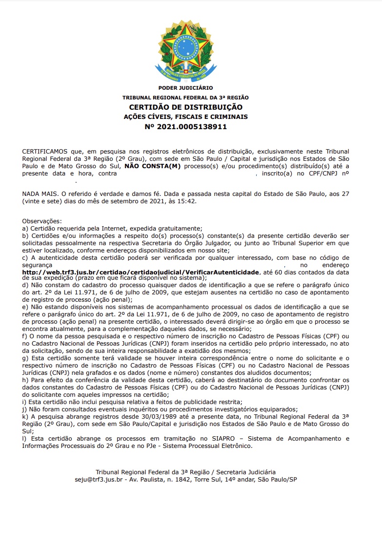 Certidão do Tribunal Regional Federal - Pessoa Física