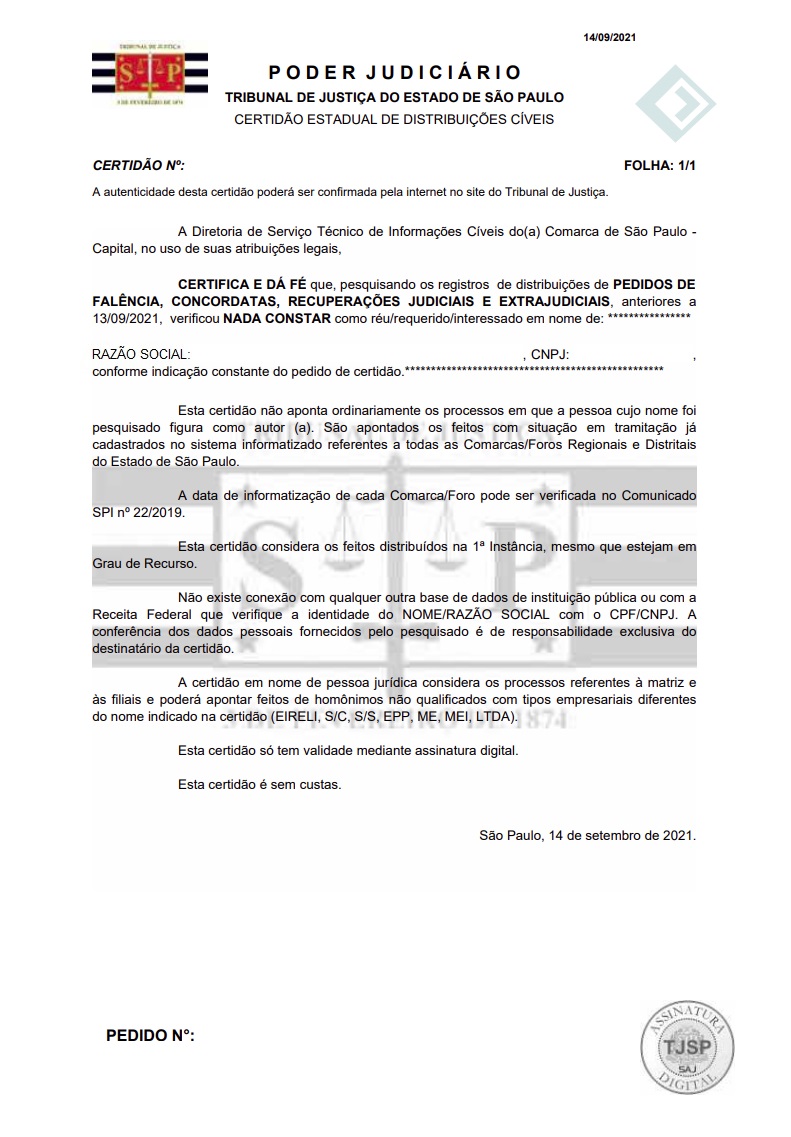 Certidão Negativa de Distribuição de Pedidos de Falência, Concordatas, Recuperações Judiciais E Extrajudiciais