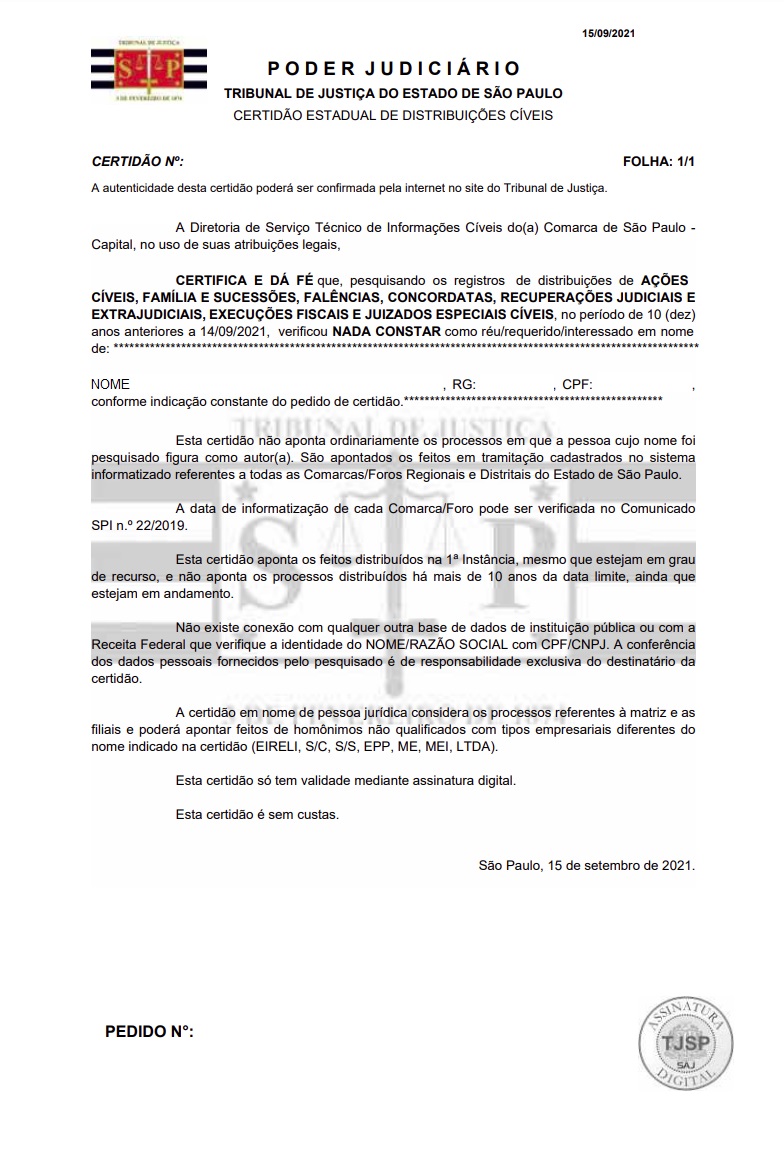 Certidão Negativa de Distribuição de Ações Cíveis, Família e Sucessões, Executivos Fiscais e Juizados Especiais Cíveis (1ª Instância) - Pessoa Física