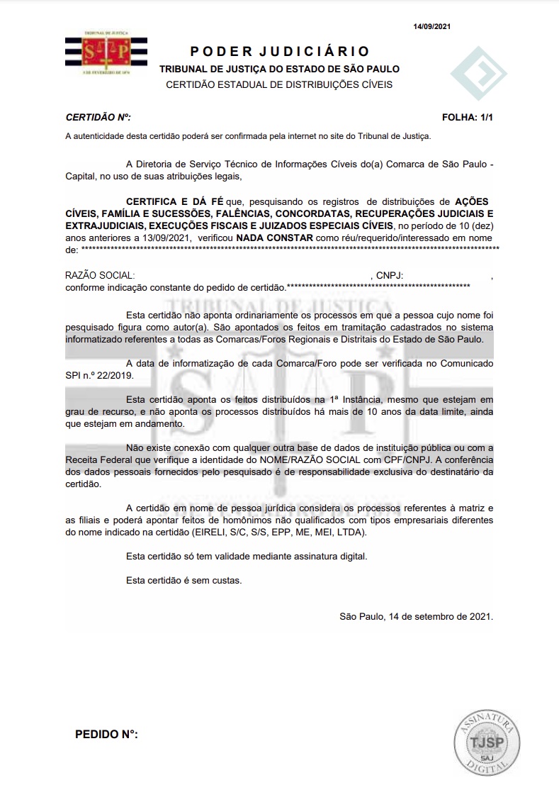 Certidão Negativa de Distribuição de Ações Cíveis, Família e Sucessões, Executivos Fiscais e Juizados Especiais Cíveis (1ª Instância) - Pessoa Jurídica