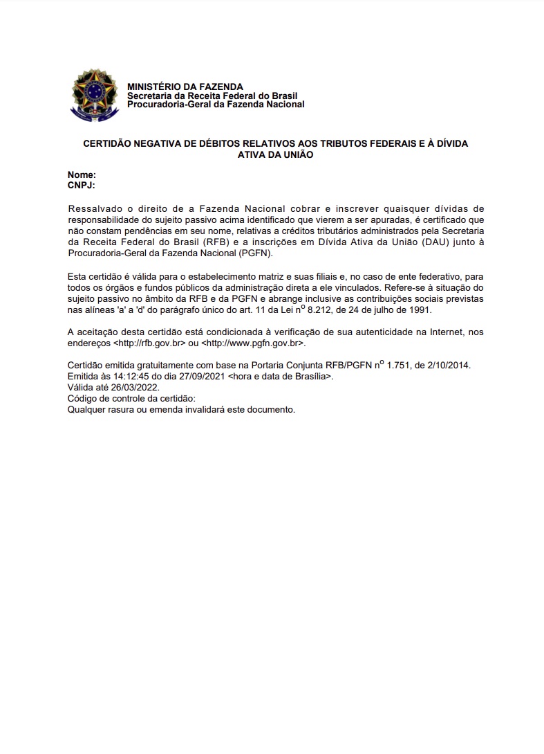 Certidão Negativa de Débitos Relativos aos Tributos Federais e à Dívida Ativa da União - Pessoa Jurídica