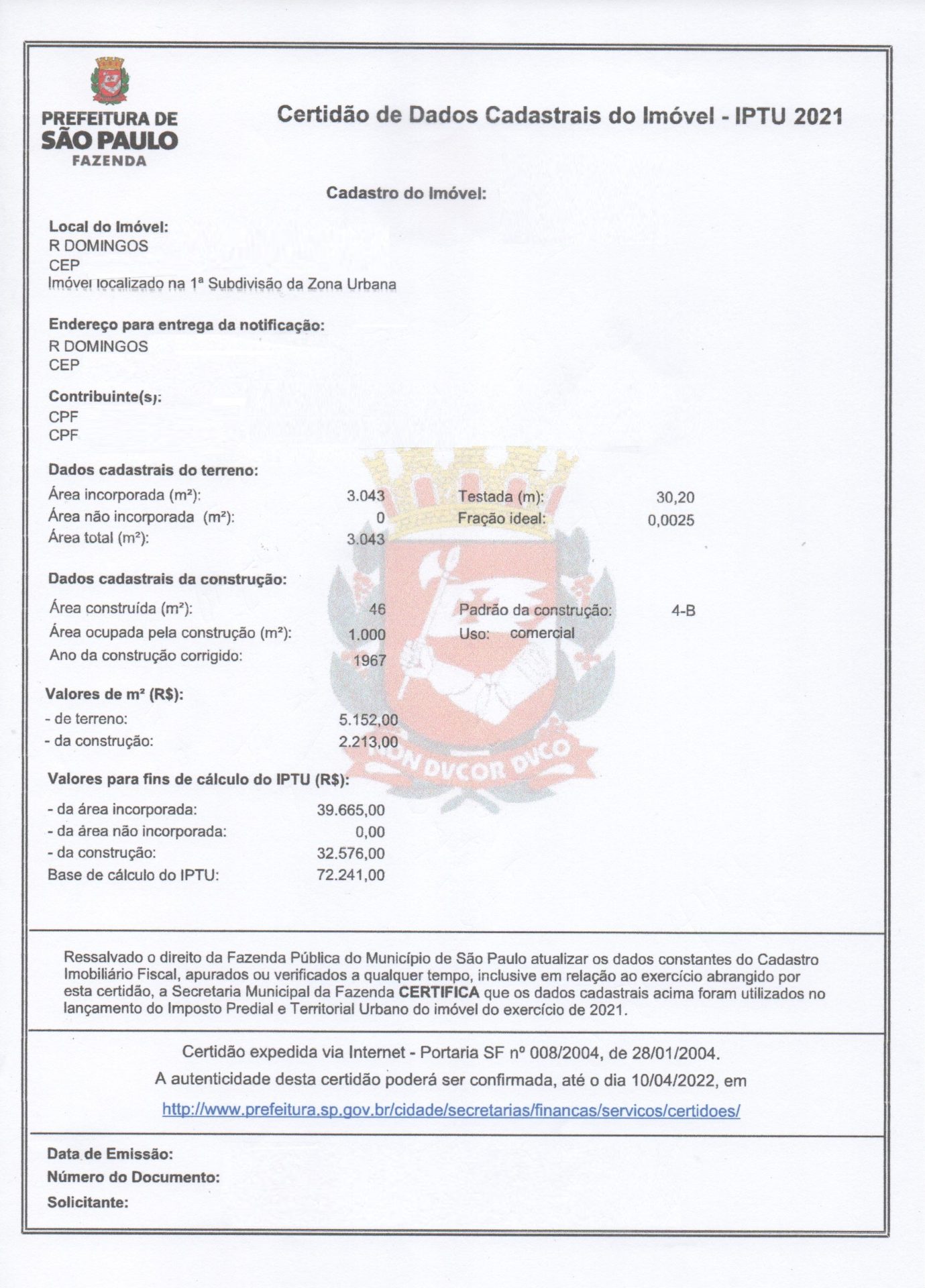 Certidão de Valor Venal (Dados Cadastrais)