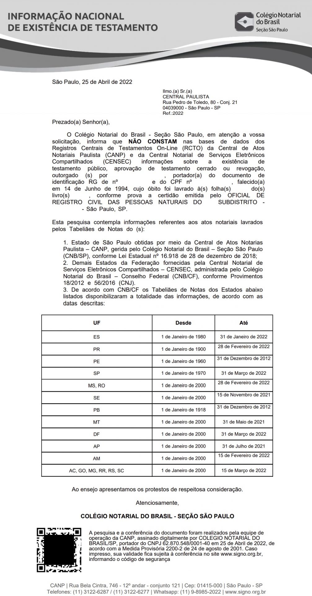 Certidão Negativa de Testamento
