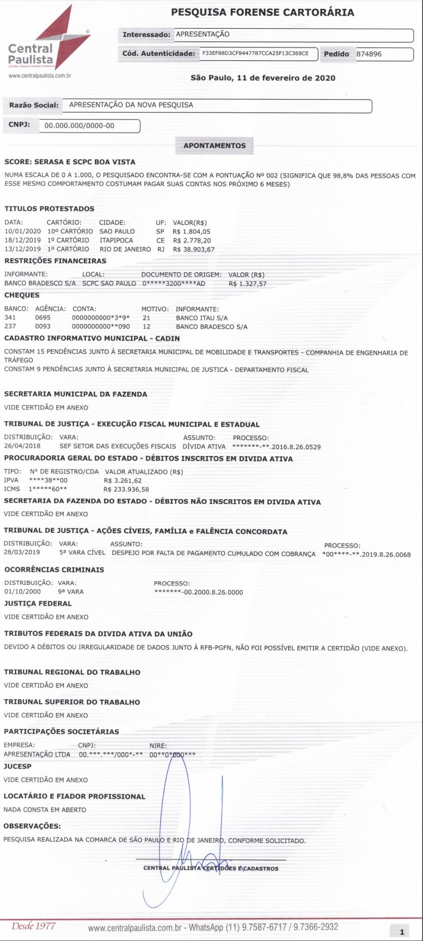 Pesquisa Forense e Cartorária - Pessoa Jurídica